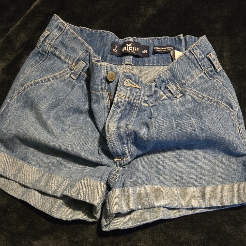 Hollister Women's High Rise Mom Short 3" Rouched Waist Light Blue Jean Shorts
